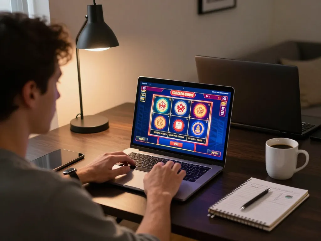 Engaging with Canada online casinos at home, vibrant slot graphics displayed on laptop with a warm cozy atmosphere.