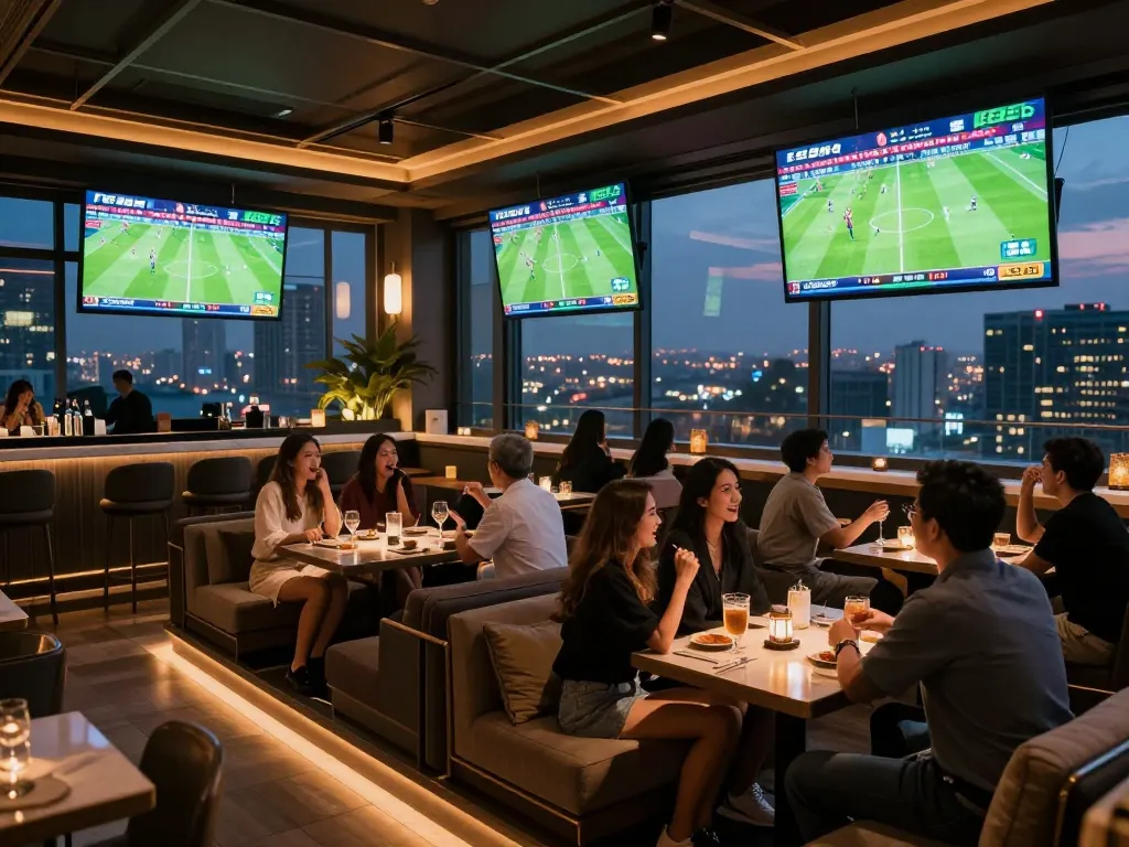 F8BET sports betting scene with friends cheering for their teams in a lively rooftop bar atmosphere