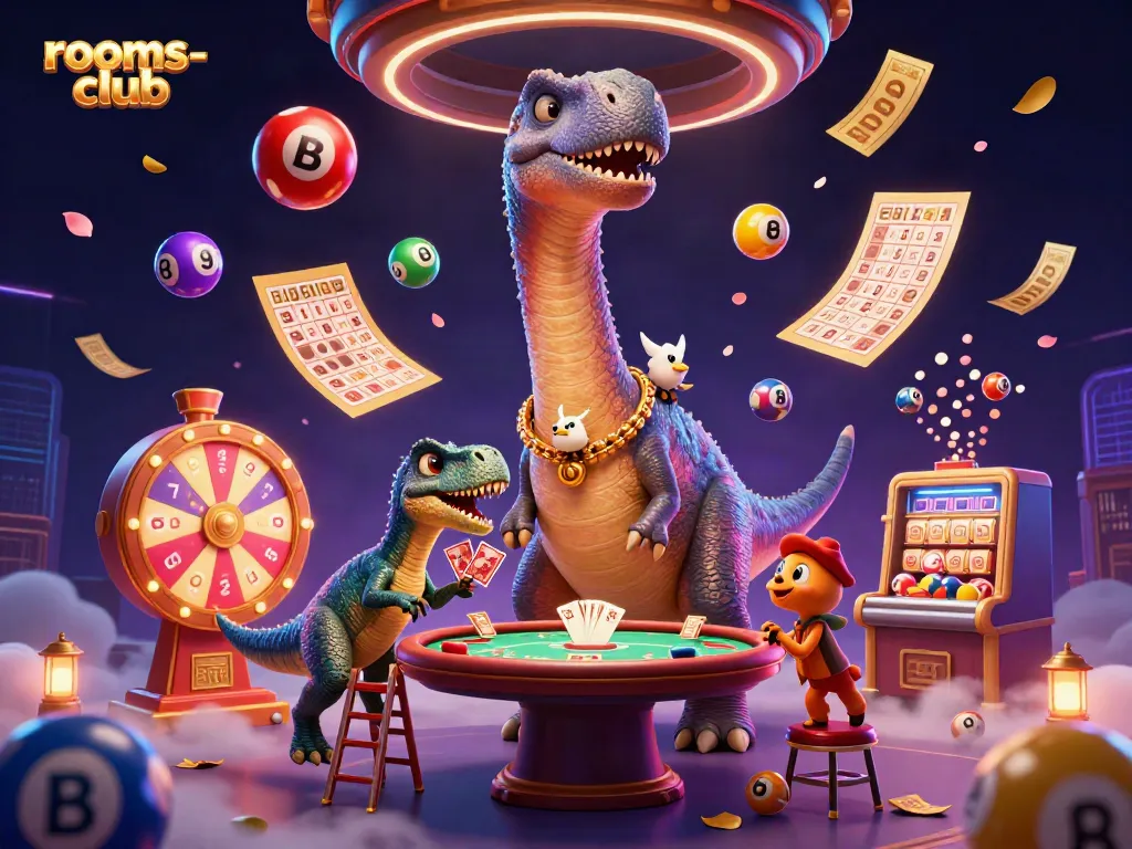 Menggairahkan permainan di rooms-club dengan ilustrasi kasino bertema dinosaurus dan elemen perjudian.