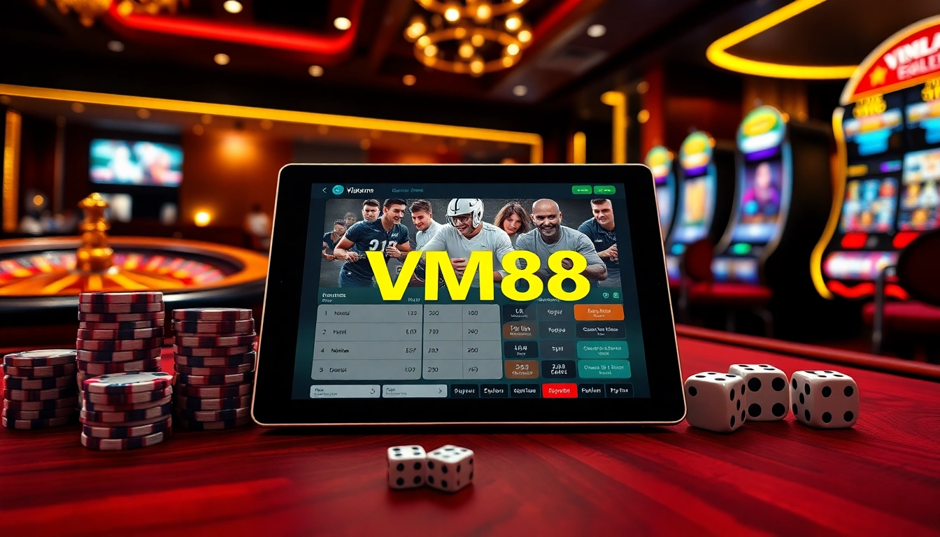 VM88 online casino interface showcasing strategic betting with poker chips and roulette wheel in premium casino setting