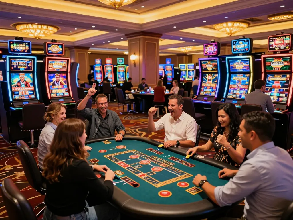 Tập đoàn okwin players celebrating wins at colorful casino slots and table games, vibrant atmosphere.