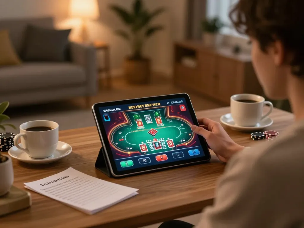 Player engaging with mm88 poker game on a tablet at home with strategic notes and warm lighting.