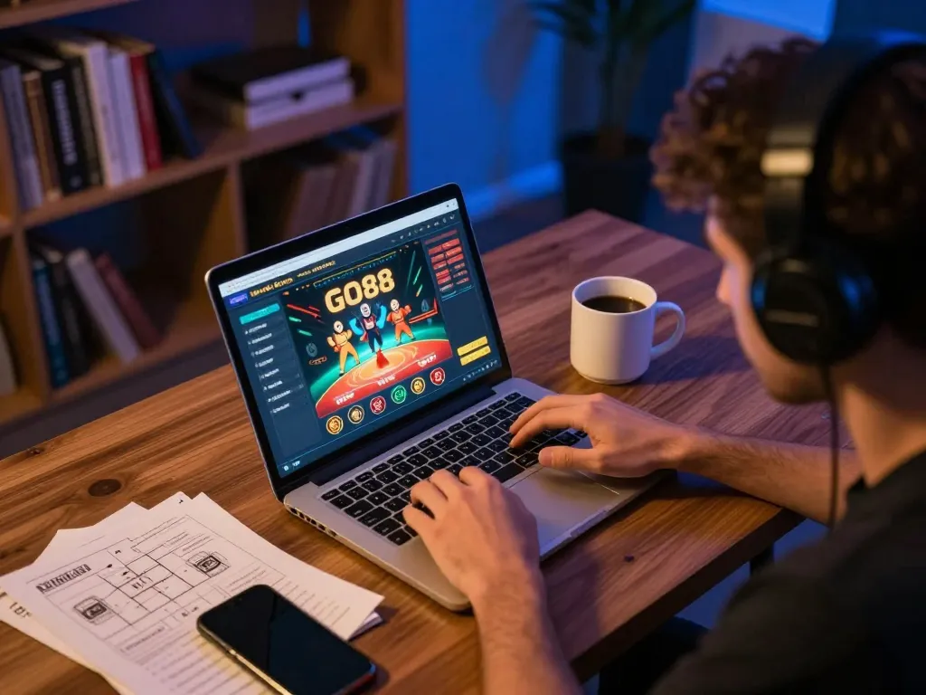 GO88 player engaged in strategic online gaming with notes and casino app on screen.