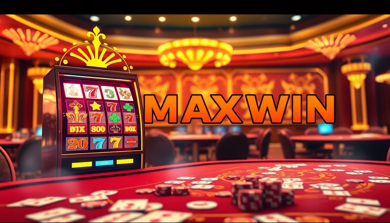 Experience Slot Maxwin excitement with vibrant casino visuals of lively slot machines and chips.