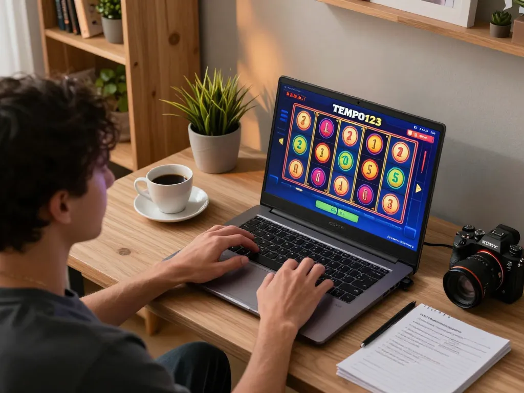 Pemain yang terlibat menikmati Slot Tempo123 di laptop di kantor rumah yang nyaman.