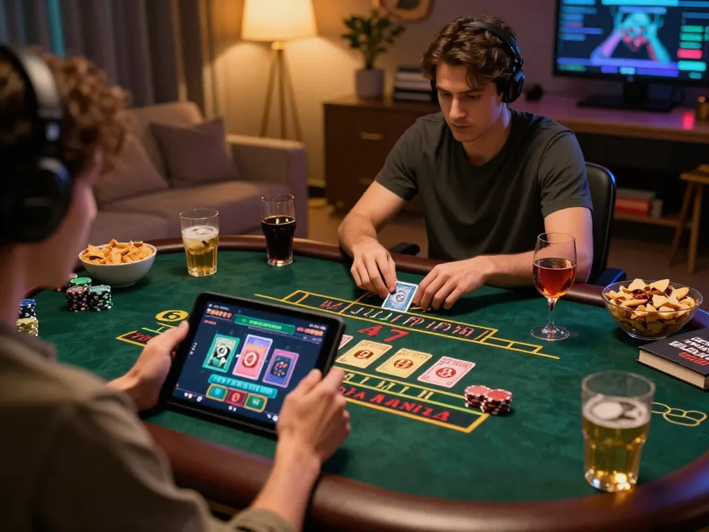 Person enjoying shbet.free live dealer baccarat on tablet in cozy home setting.