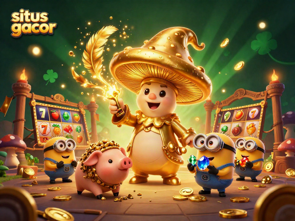 Situs slot gacor reveals a magical casino scene with a golden wizard and treasure, slot reels bursting with luck