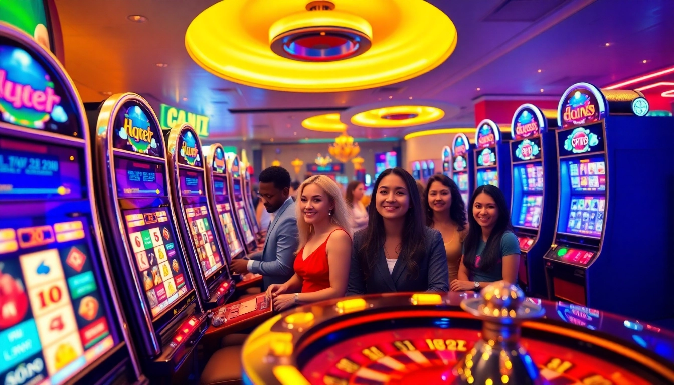 Gamblers playing the IDN slot machines in a vibrant casino filled with excitement and luxury.