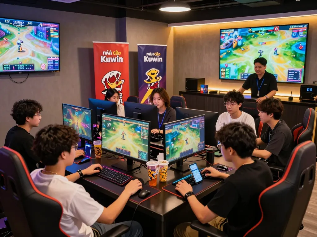 Exciting gaming lounge showcasing friends playing online games at Nhà Cái Kuwin, with vibrant lighting and a social atmosphere.