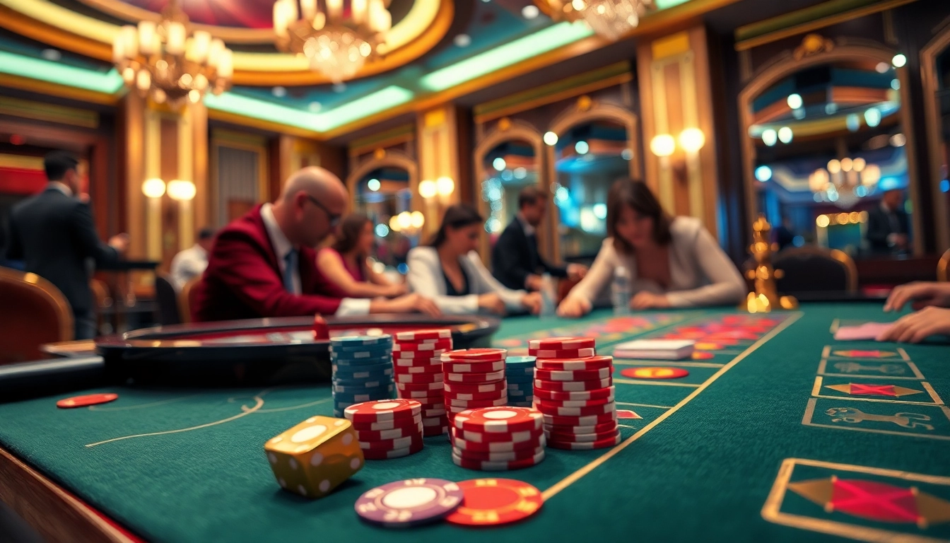 Menampilkan ambience situs toto di meja permainan kasino yang semarak dengan chip dan kartu berwarna.