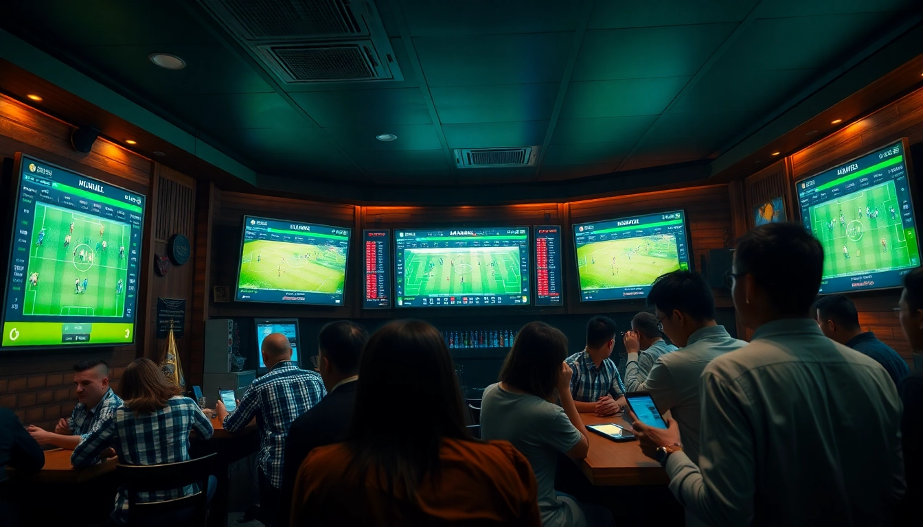 Kèo nhà cái displayed on screens in a vibrant sports bar environment.