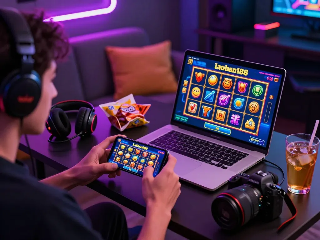 Pengaturan permainan yang menarik menampilkan platform slot laoban188 di smartphone dan laptop, memperlihatkan grafis yang cerah dan suasana yang nyaman.