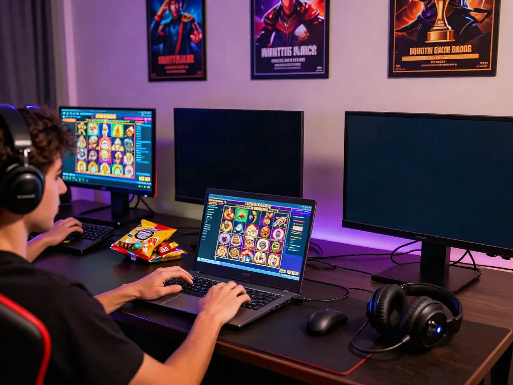 Gamer menikmati judi slot pragmatic gacor online dengan antusias di laptopnya, dikelilingi oleh grafis permainan yang energik.
