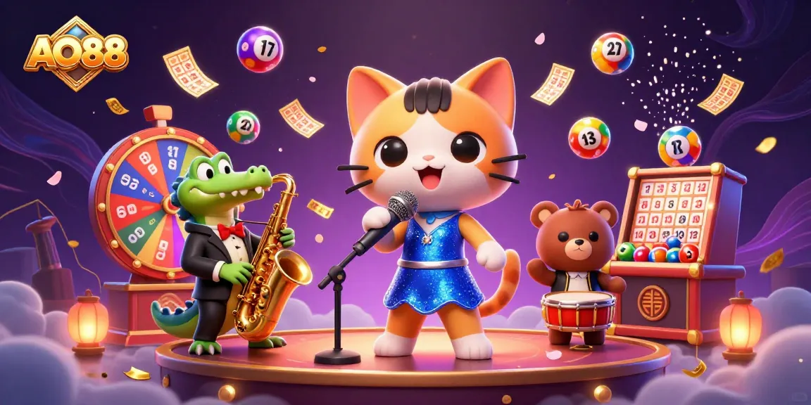 Engage with AO88 in a vibrant casino scene featuring a jazz-singer cat and colorful game elements.