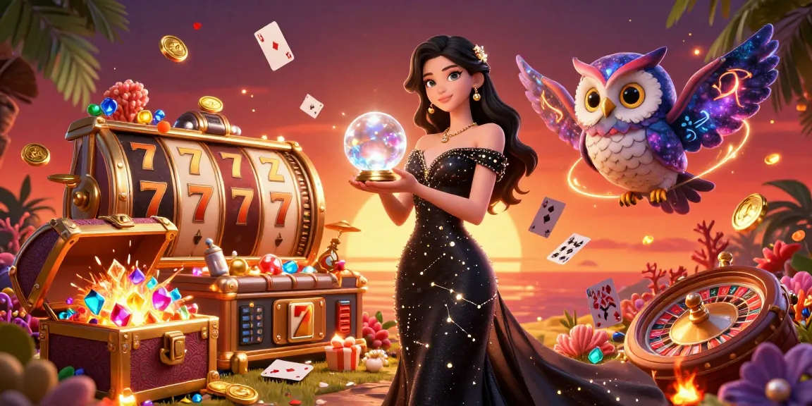 Engage with dewagg's premier gaming experience through a vibrant 3D casino scene showcasing thrilling slot reels and mystical elements.