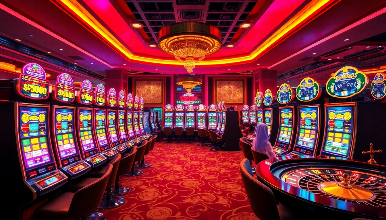 Players winning big at an IDN Slot casino, showcasing vibrant slot machines and gamblers enjoying the thrill.