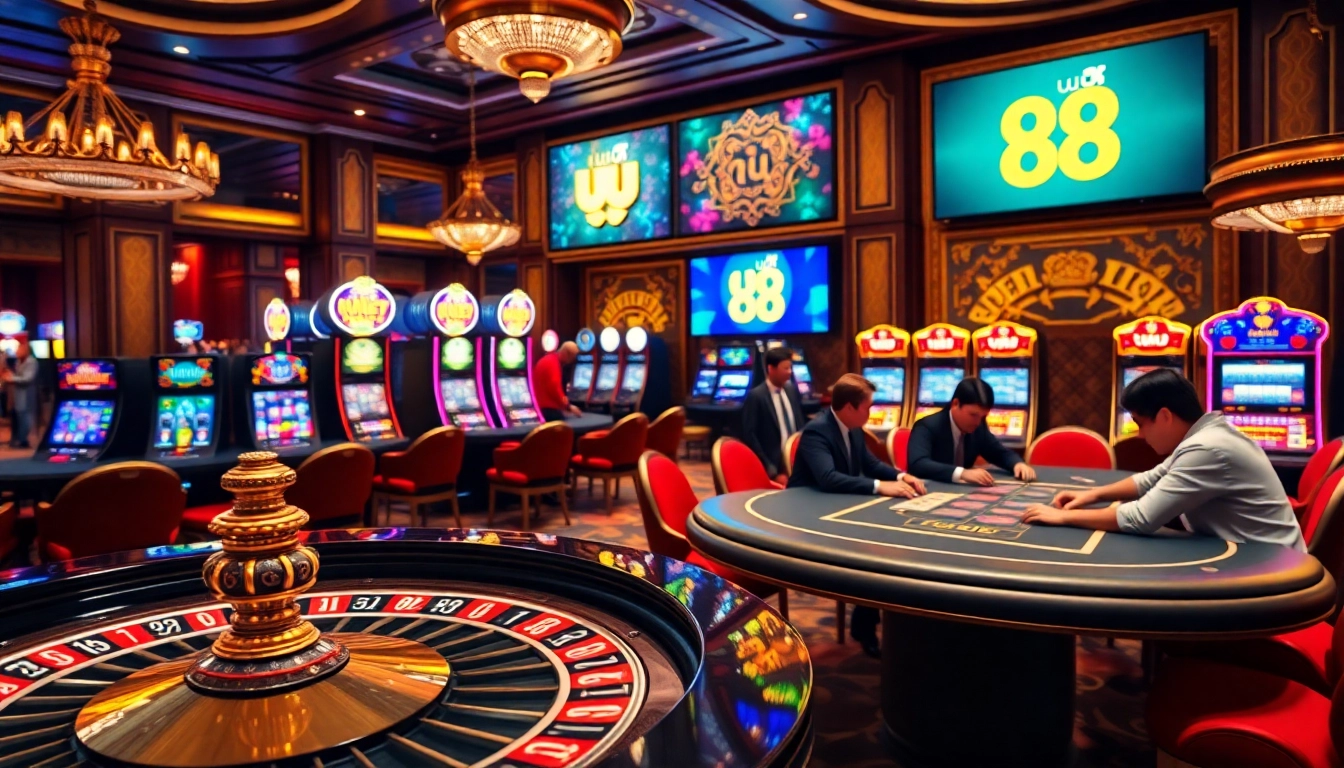 Exciting gambling scene at uu 88 casino with roulette wheel and engaged players.