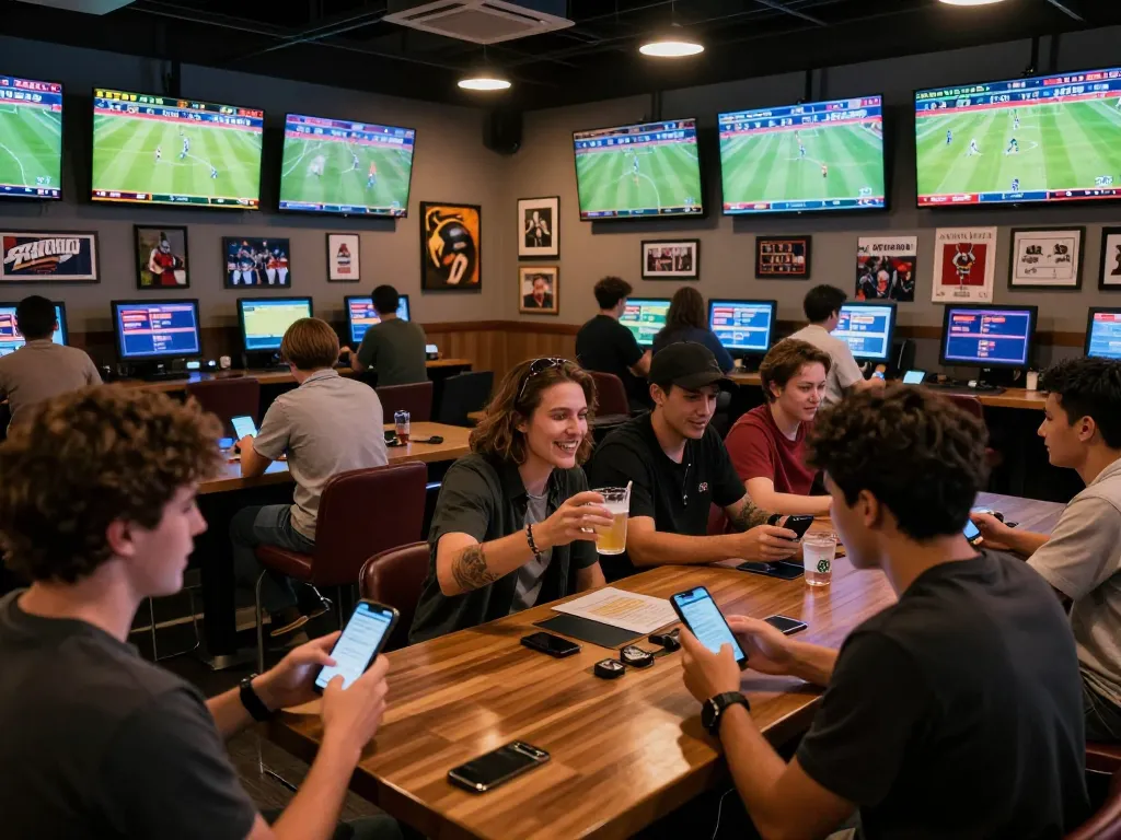 Tỷ lệ kèo nhà cái hôm nay highlighted in a lively sports betting lounge full of enthusiastic gamblers