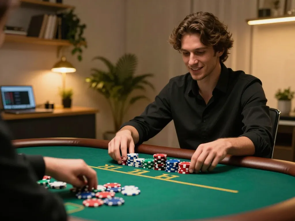 Player enjoying live dealer poker on laptop at home, experiencing RR99 gaming excitement