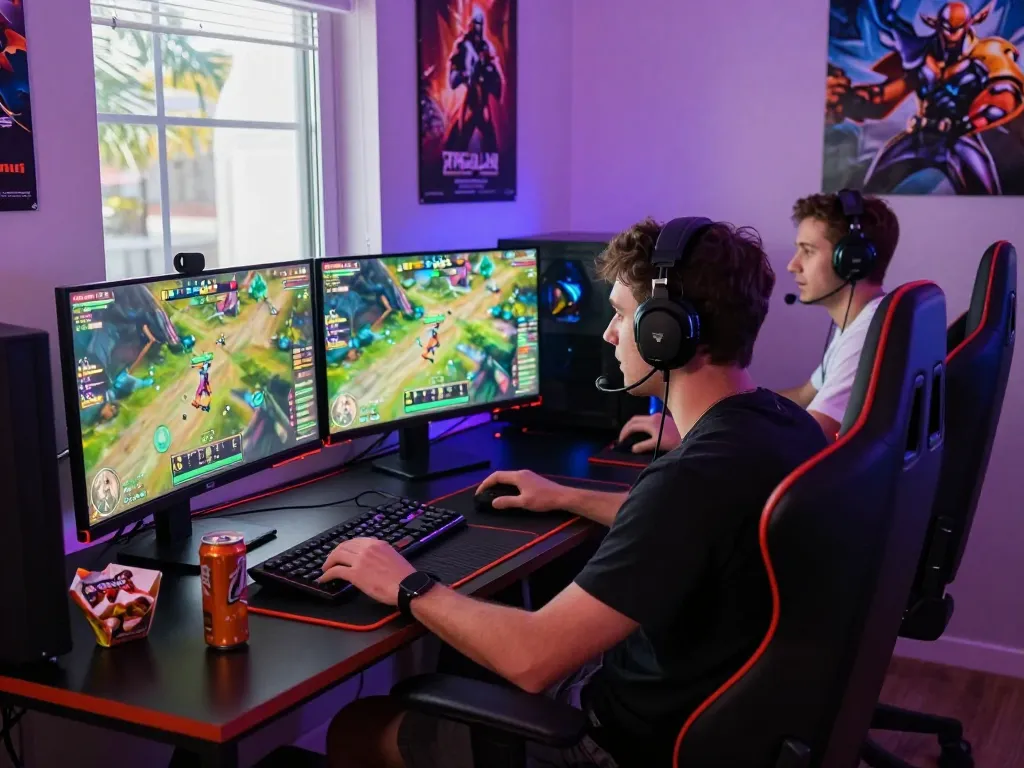 Gamer enjoying DEWI123 online gaming with high-tech setup, vibrant atmosphere.