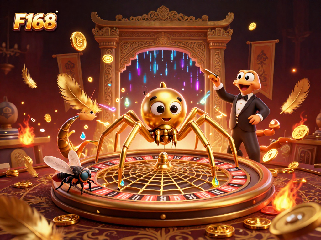 Bet on F168 with thrilling casino games featuring a cartoon spider and croupier web scene.