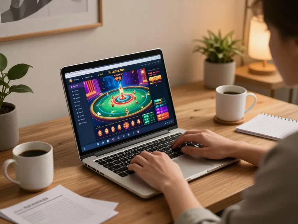 Engaging with the 7meter Link Alternatif while playing an online casino game in a cozy home office.