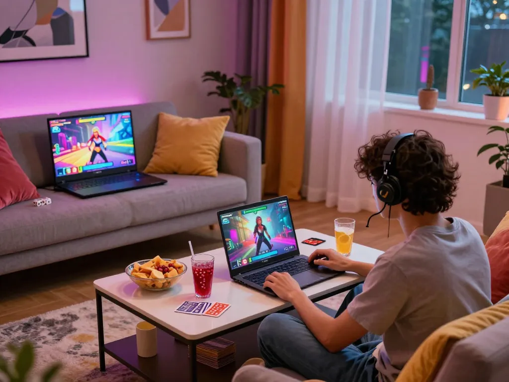 Friends enjoying sex games on laptops in a cozy living room setting.
