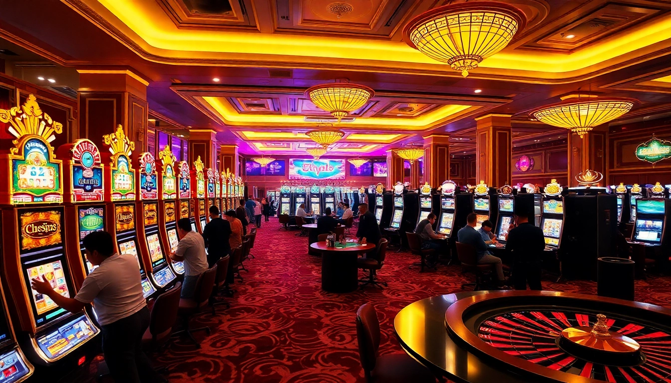 Players winning big at nohudoithuong casino, surrounded by vibrant slot machines and table games.