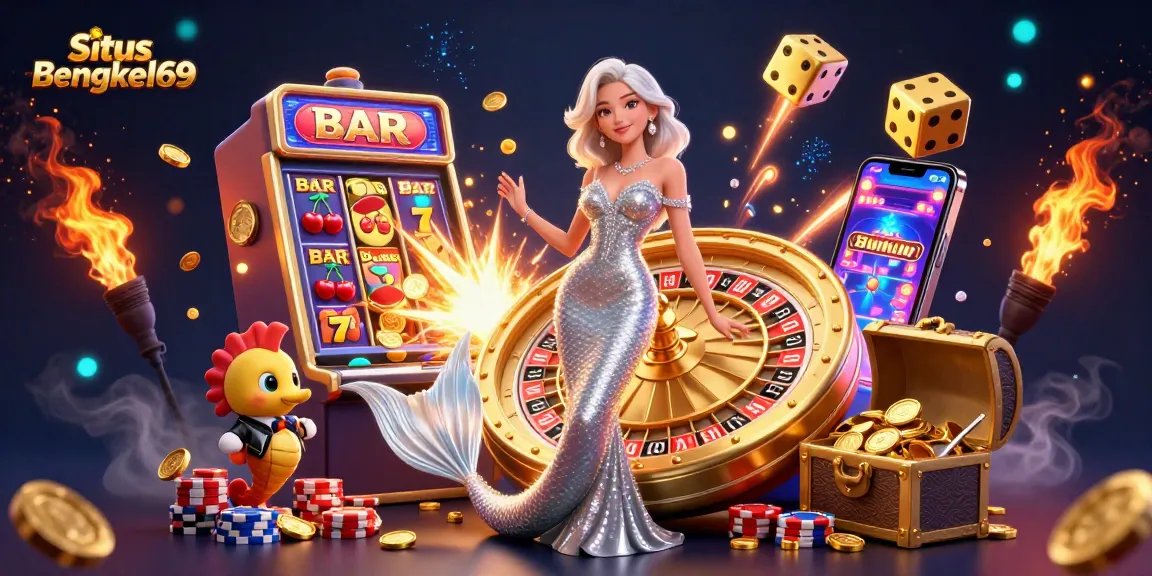 Situs Bengkel69 invites players to engage with a vibrant casino scene featuring a mermaid and roulette.