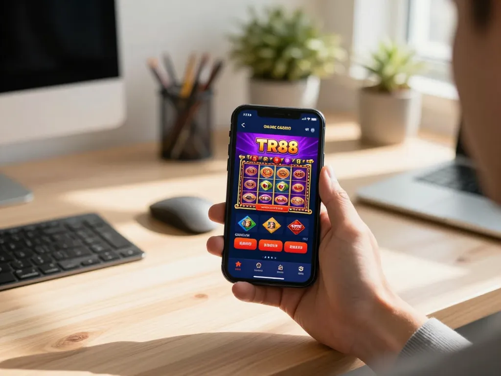 Engaging in TR88 mobile gaming, player accessing vibrant casino app on smartphone.
