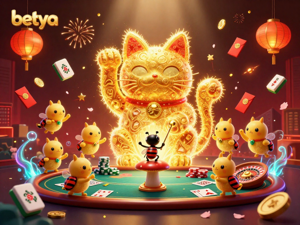 Engage with betya at a vibrant casino scene featuring a lucky cat and poker elements