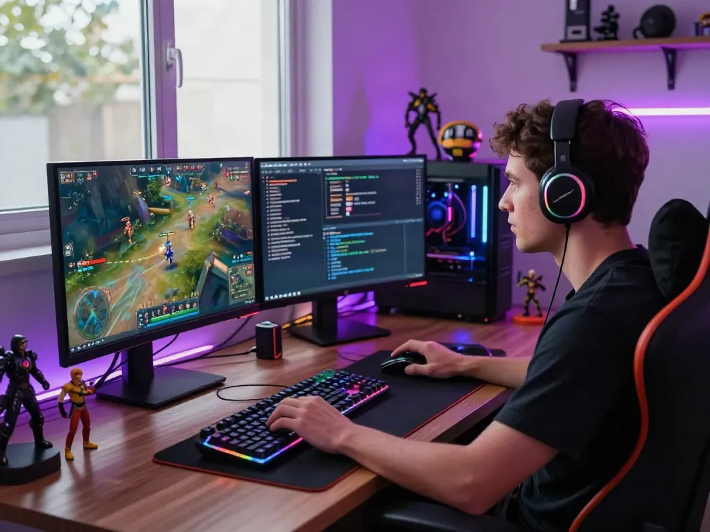 Gamer engaged with akunjp on dual monitors with RGB lighting and gaming gear.