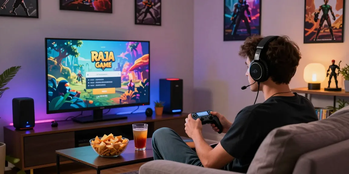 Raja Game login interface displayed on a large screen with a user immersed in a gaming experience.