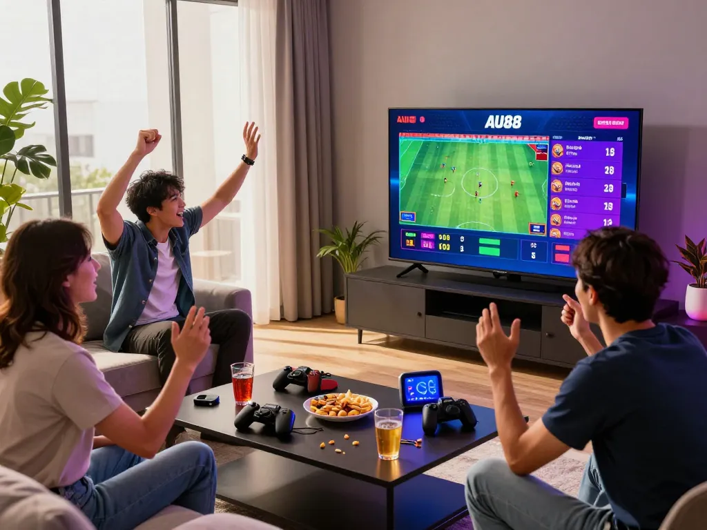 Engaged group enjoying AU88 live sports betting in a vibrant living room
