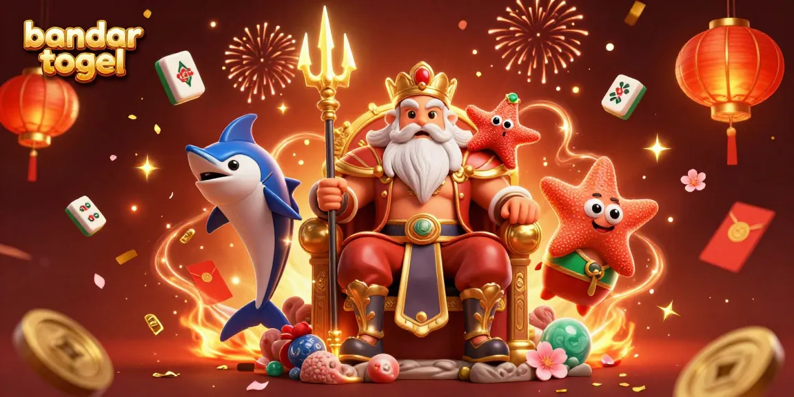 Ilustrasi bandar togel yang menarik menampilkan adegan cerah dengan Neptunus dan elemen perayaan.