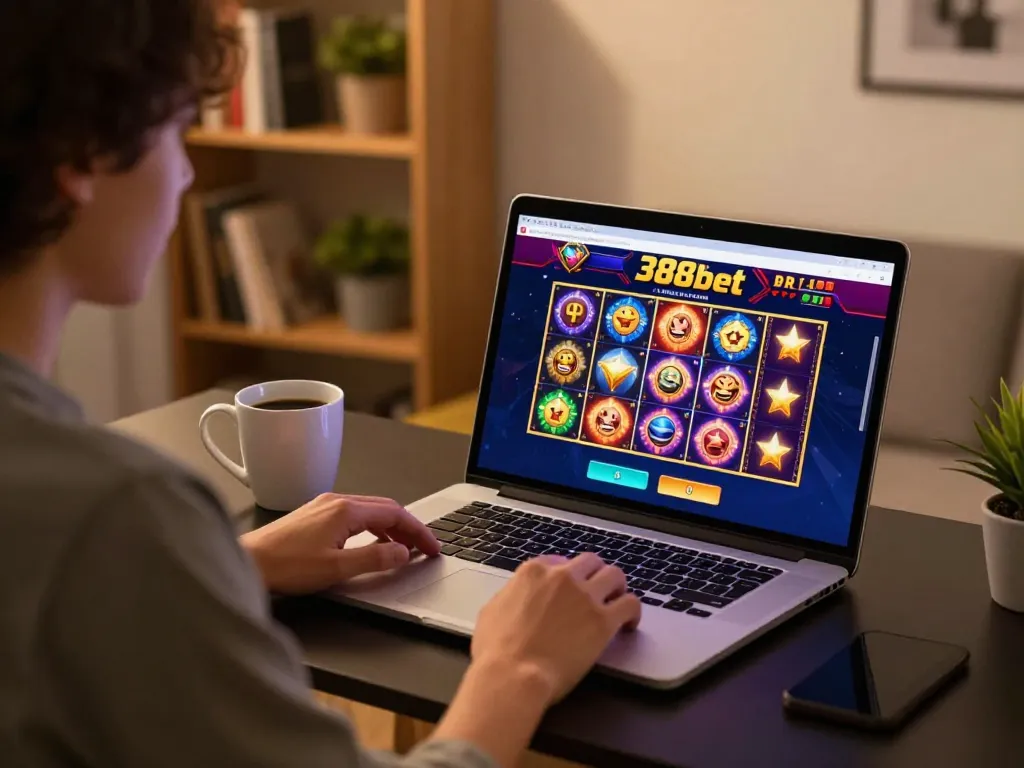 Engaging online gameplay at 388bet casino with vibrant slot reels and a focused player.