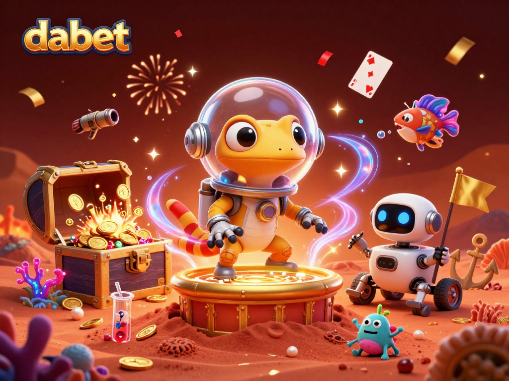 Dabet engages players with a vibrant Martian casino scene filled with gold, gems, and cheering aliens.