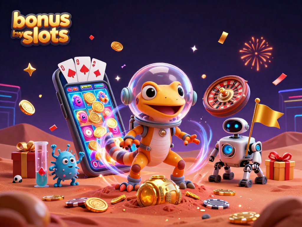 Engage with bonus buy slots as a Martian gecko and robot explore a golden casino on Mars.