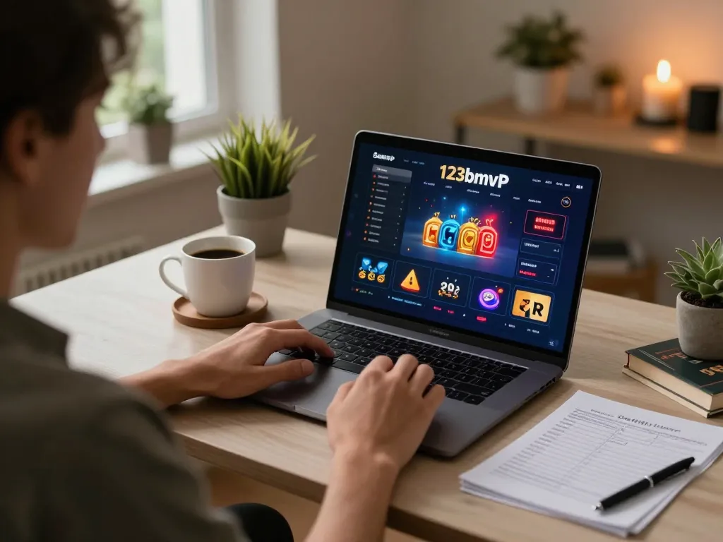Person enjoying online gambling at 123bmvp, focused on laptop with casino interface and strategy notes.