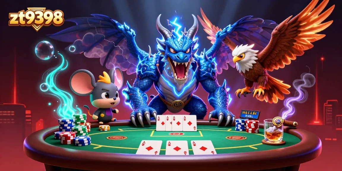Engage in thrilling poker action at zt9398 with a vibrant dragon and hawk trio.