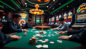 Action-packed casino scene featuring players at a poker table emphasizing nhà cái xx88.