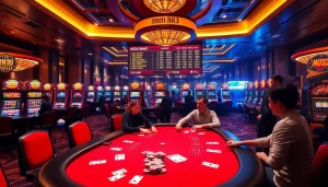 Experience high-stakes excitement at mm 88's casino tables with vibrant gaming elements.