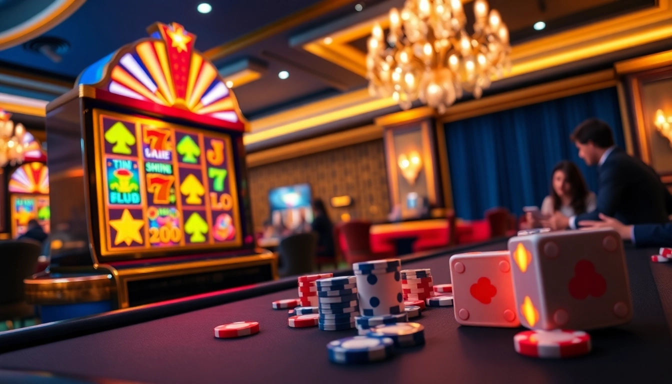 Experience the excitement of online gambling at Sam86 with vibrant slot machines and poker chips in a luxurious casino environment.