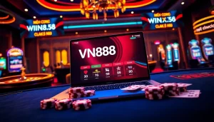 Experience the thrill of gambling with VN88 link mới, featuring a vibrant casino atmosphere and gaming elements.