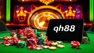 Experience thrilling gameplay at qh88 casino with vibrant poker chips and roulette wheel.