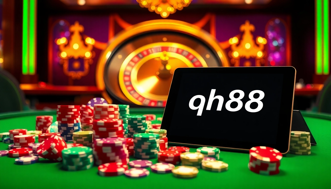 Experience thrilling gameplay at qh88 casino with vibrant poker chips and roulette wheel.