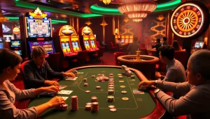 Engage in exciting online gaming at https://s8hn.com/ with a luxurious casino scene of poker and vibrant slot machines.