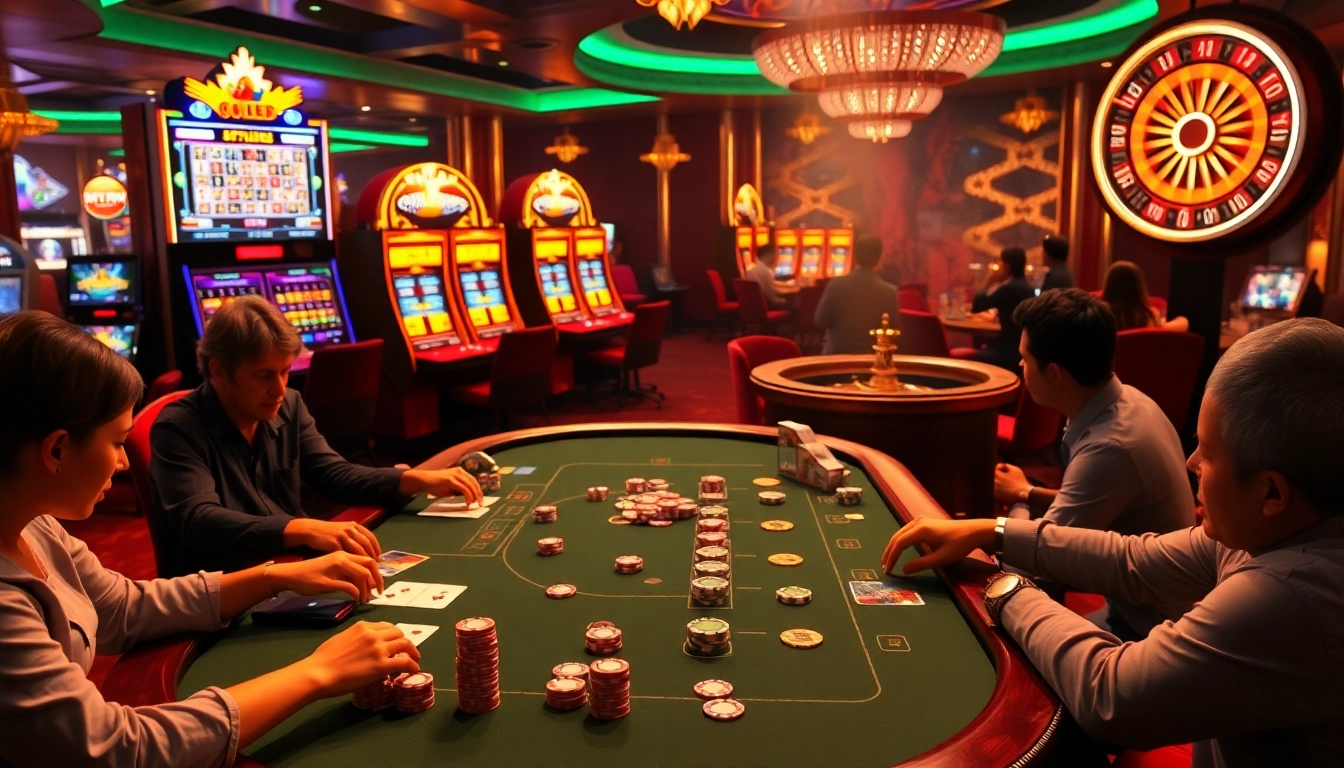 Engage in exciting online gaming at https://s8hn.com/ with a luxurious casino scene of poker and vibrant slot machines.