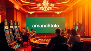 amanahtoto players immersed in an exciting online casino experience with vibrant slot machines and poker elements.