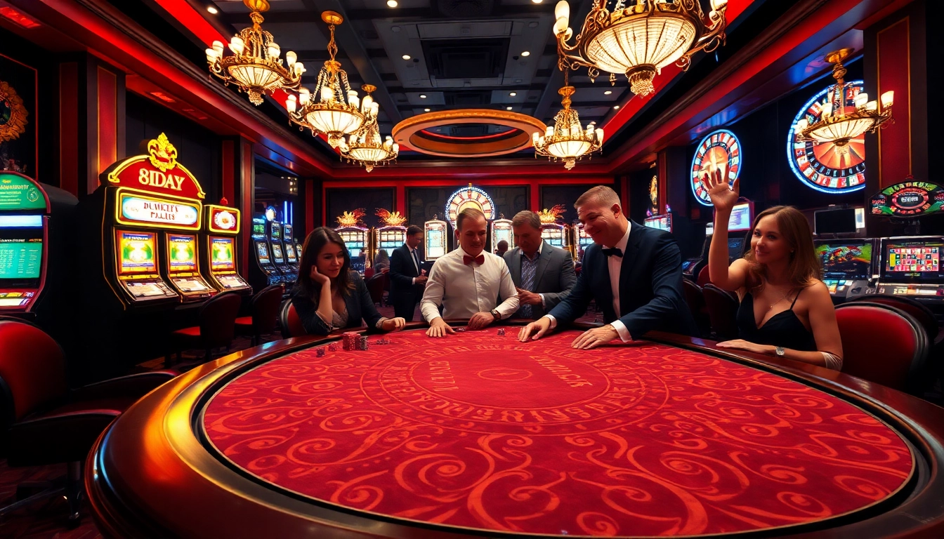 8DAY players enjoying a thrilling game at a luxurious casino table with vibrant slot machines.